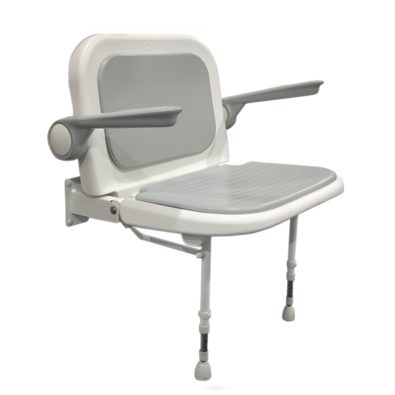 Asiento abatible de ducha modelo LUX montado en pared con respaldo ergonómico