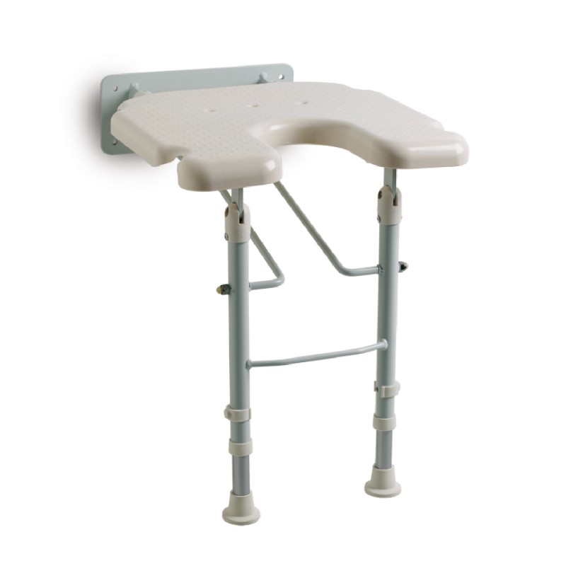 Asiento de ducha abatible en forma de U montado en pared con patas regulables