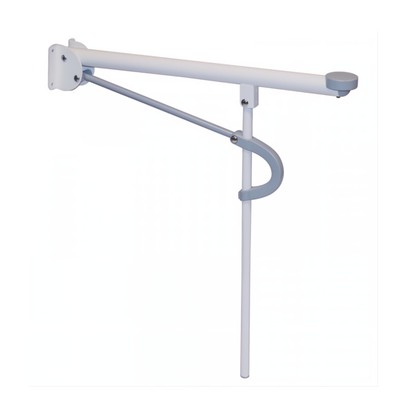 Barra de apoyo para inodoro abatible a pared con pata de descarga al suelo en color blanco