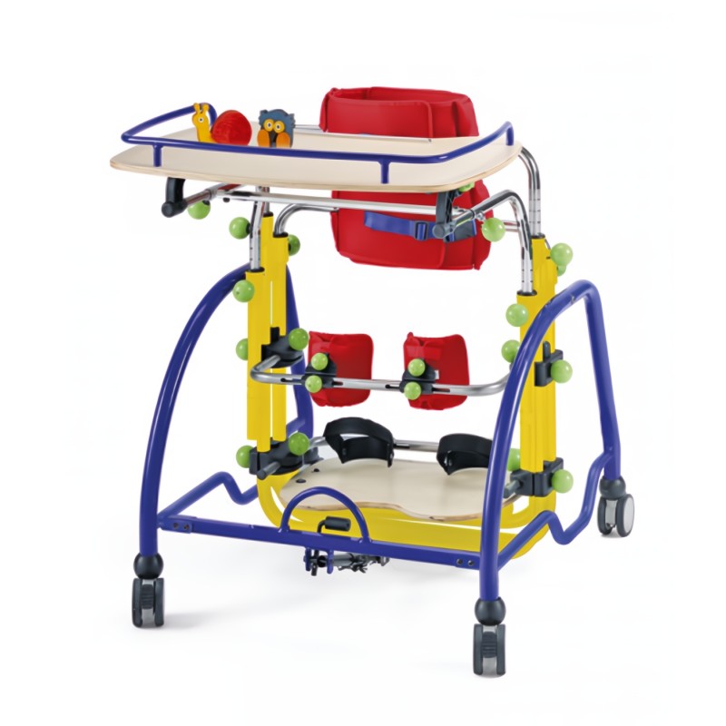 Bipedestador infantil vertical basculante Dondolino con mesa abatible de madera y soportes de control postural