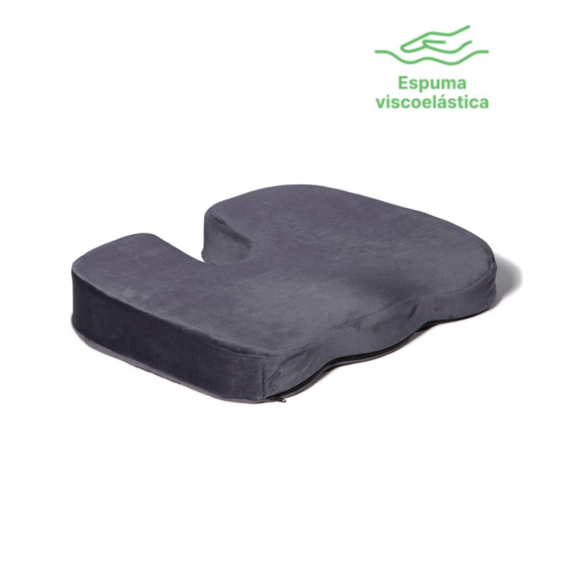 Cojín viscoelástico ortopédico para coxis en color gris oscuro con hendidura ergonómica