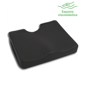 Cojín antiescaras viscoelástico anatómico VISCO FORM con funda negra de poliuretano y hendidura posterior de descarga del coxis.