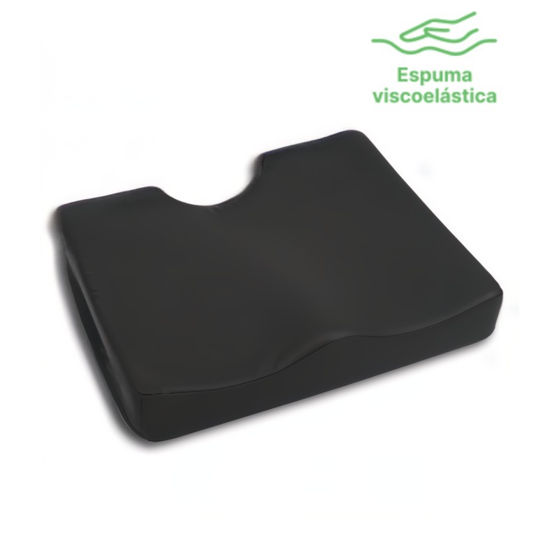 Cojín antiescaras viscoelástico anatómico VISCO FORM con funda negra de poliuretano y hendidura posterior de descarga del coxis.