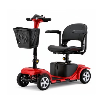 Scooter eléctrica de movilidad reducida de 4 ruedas Lucas Pro en color rojo con cesta delantera, asiento giratorio.
