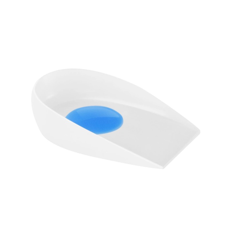 Talonera de silicona transparente Orliman TL-611 con descarga central azul para espolón calcáneo.