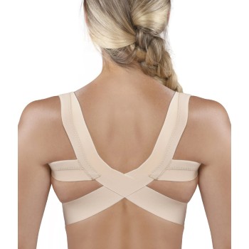 Espaldera correctora postural en ocho Orliman E-240 en color beige colocada sobre la espalda de una mujer.