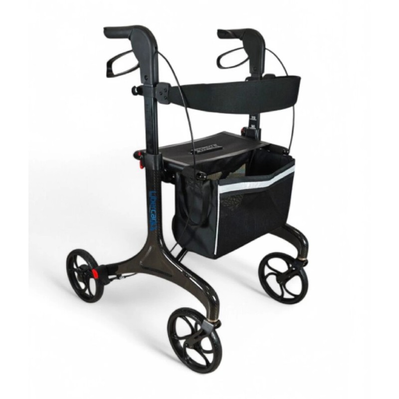 Andador rollator Libercar Karbon en fibra de carbono ultraligero con bolsa frontal.