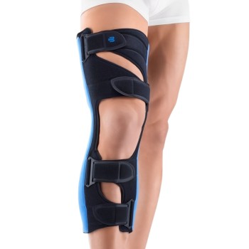 Órtesis de inmovilización de rodilla Bauerfeind GenuLoc con varillas ajustables y cintas de velcro.