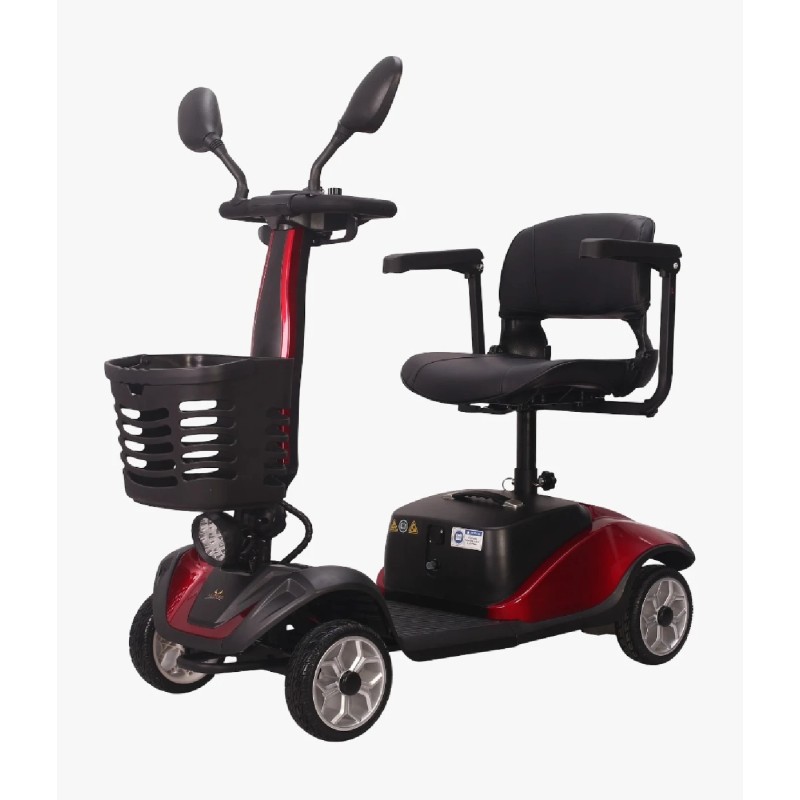 Scooter de movilidad eléctrico compacto Veovita en color rojo con cesta frontal y retrovisores.
