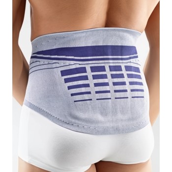 Faja lumbar de estabilización Bauerfeind LumboLoc con varillas anatómicas y cierre de velcro con pasadores.