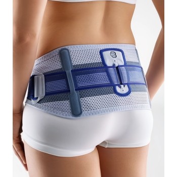 Faja sacroilíaca Bauerfeind SacroLoc con cinturones de tracción.