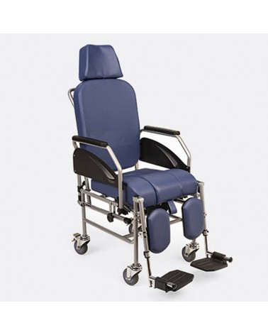 Silla de interior Enea de Apex Medical incluye un respaldo reclinable, un asiento acolchado y una cubeta de inodoro extraíble.