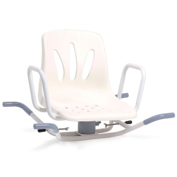 Asiento giratorio para bañera Onda de color blanco con estructura de acero, respaldo y reposabrazos