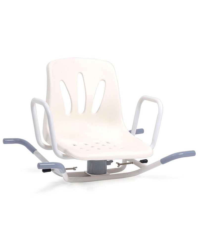 Asiento giratorio para bañera Onda de color blanco con estructura de acero, respaldo y reposabrazos