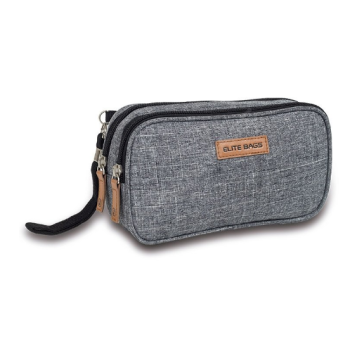 Estuche para diabéticos DIA'S BITONE en color gris con compartimentos abiertos para glucómetro y plumas.