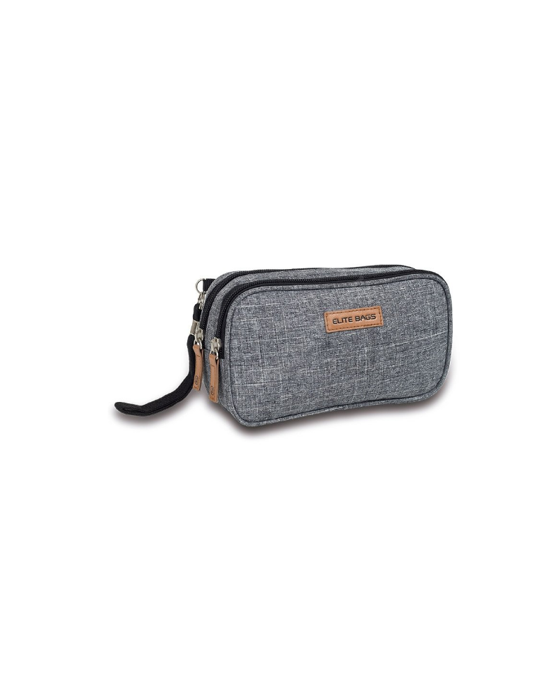Estuche para diabéticos DIA'S BITONE en color gris con compartimentos abiertos para glucómetro y plumas.
